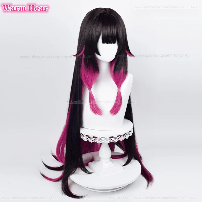 Fatui-Peluca de cabello sintético para Cosplay, cabellera artificial de 105cm de largo, color negro y Rosa mezclado, estilo Anime, resistente al calor, incluye gorro