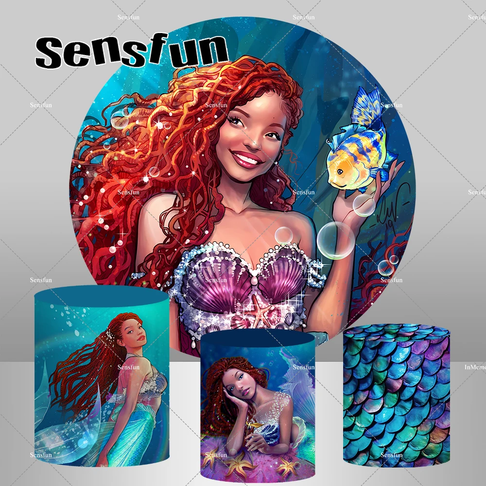 Under The Sea Little Mermaid Princess Ariel Round Backdrop For Girls Birthday Party Decoration Pedestal Covers Supplier