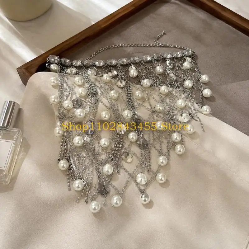 49MC Adjustable Waist Jewelry with Layered Silver-Tone Strands, Geometric Accents, and White Pendant Elements for Party and