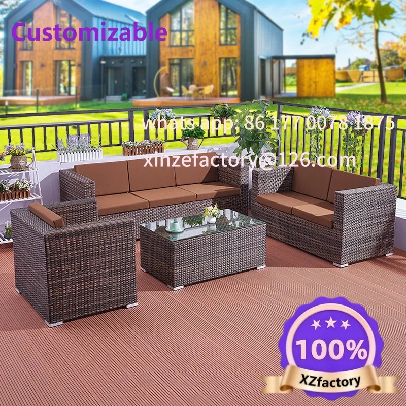 Customizable Outdoor Rattan Sofa Courtyard Waterproof Sofa Chair Combination Garden Open-air Terrace Rattan Chair Furniture
