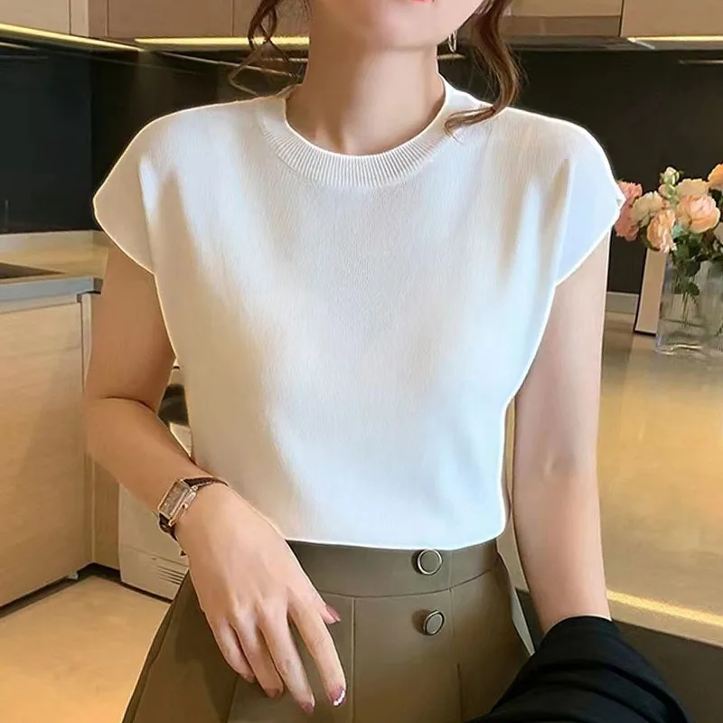 

Sweaters White O-Neck Knitted Sweater Women Pullovers New Short Sleeve Knit Sweater Pullover Women Tops Sueters De Mujer Q3575