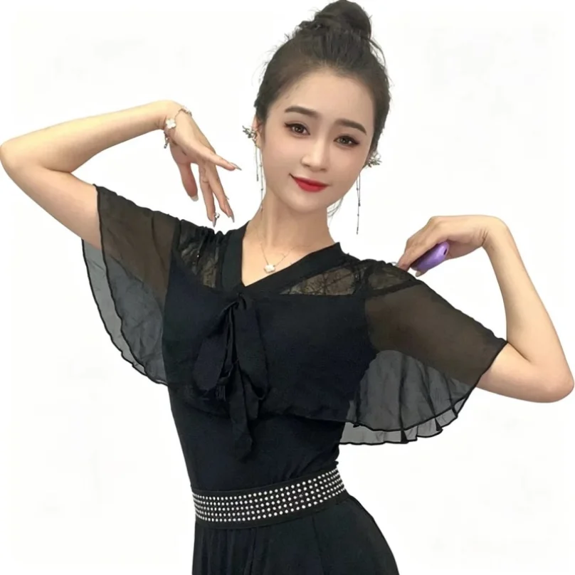 

Modern dance top women's national standard dance ruffled sleeves Latin dance costume tops competition performance practice cloth