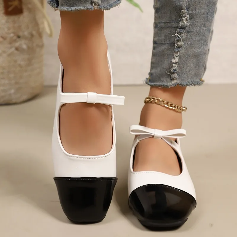 حذاء ماري جين فرنسي ريترو للنساء 2025 نمط جديد بفيونكة، مقدمة مربعة، كعب سميك، حذاء فردي عصري بفتحة ضحلة #2