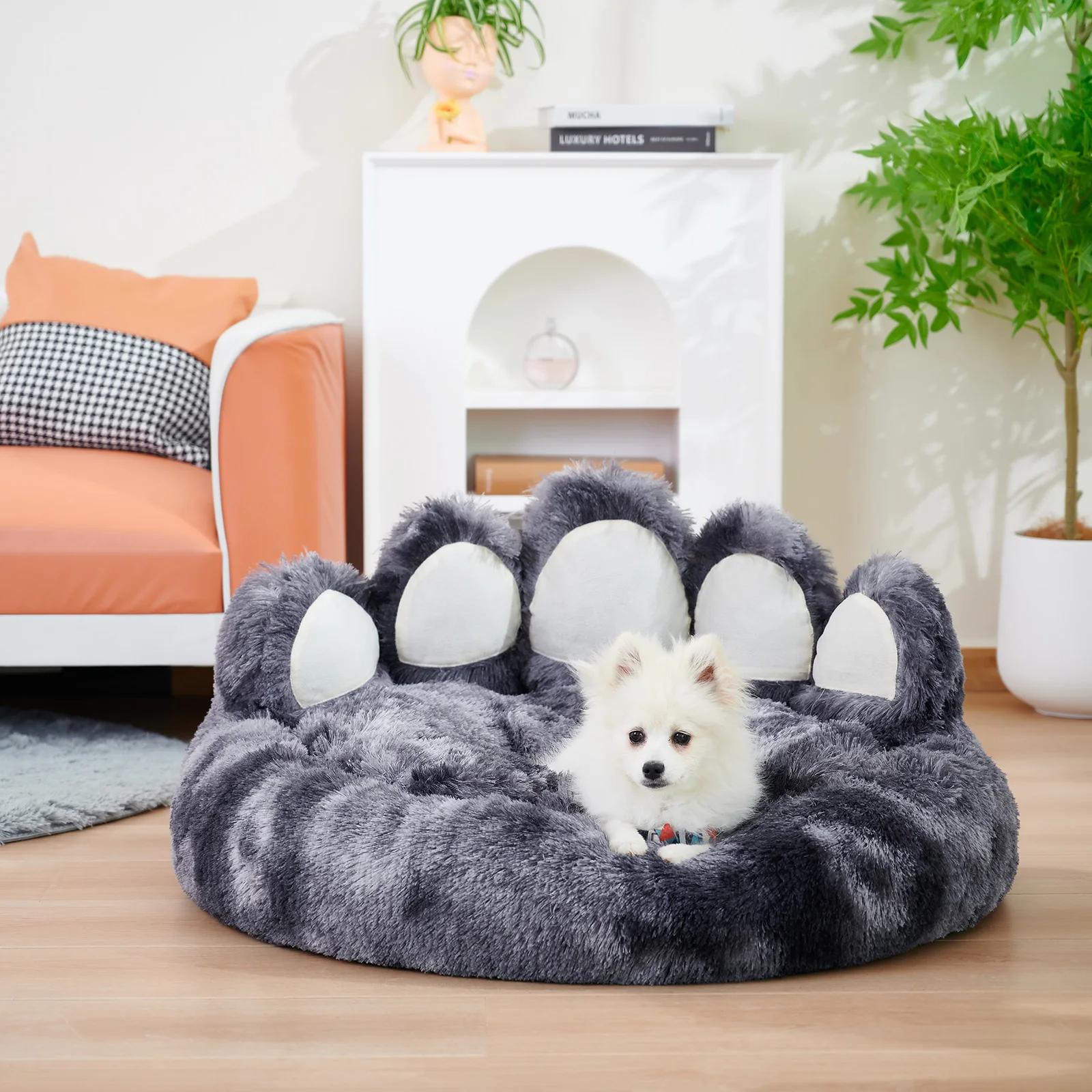 Fluffy Bear Paw Shape Dog Sofa Bed Deep Sleeping Pet Beds  Long Plush Round Warm Super Soft Cushion Calm Beds for Cats & Dogs