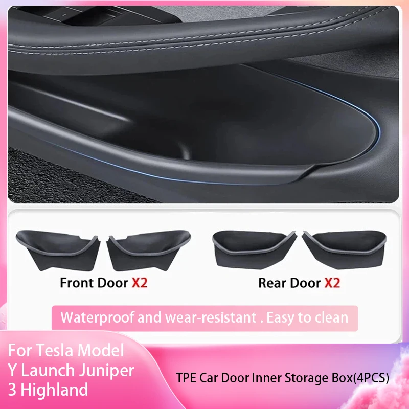 

For Tesla Model YL/Y/3 2024-2026 Door Side Storage Box Door Storage Tray TPE ﻿Front and rear door slot organizer tray protective
