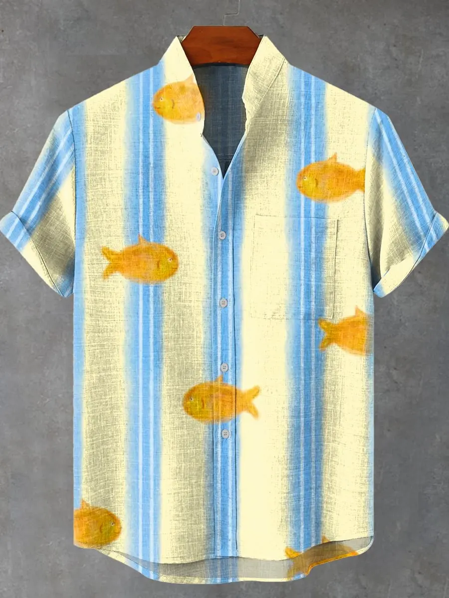 Men's new summer beach casual fish pattern short sleeved shirt fishing enthusiast clothing linen button up shirt - Image 4