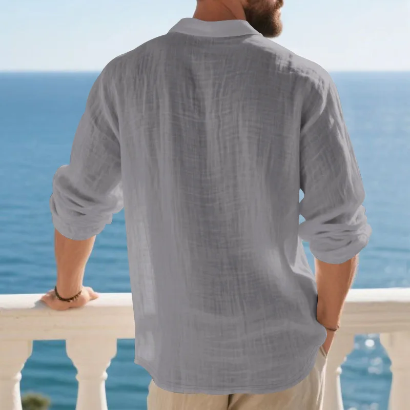 Leinen-Hemd mit Stehkragen und Knopfleiste, Herren Locker Sitzendes Atmungsaktives V-Ausschnitt Langarm-Polohemd – Detail 26