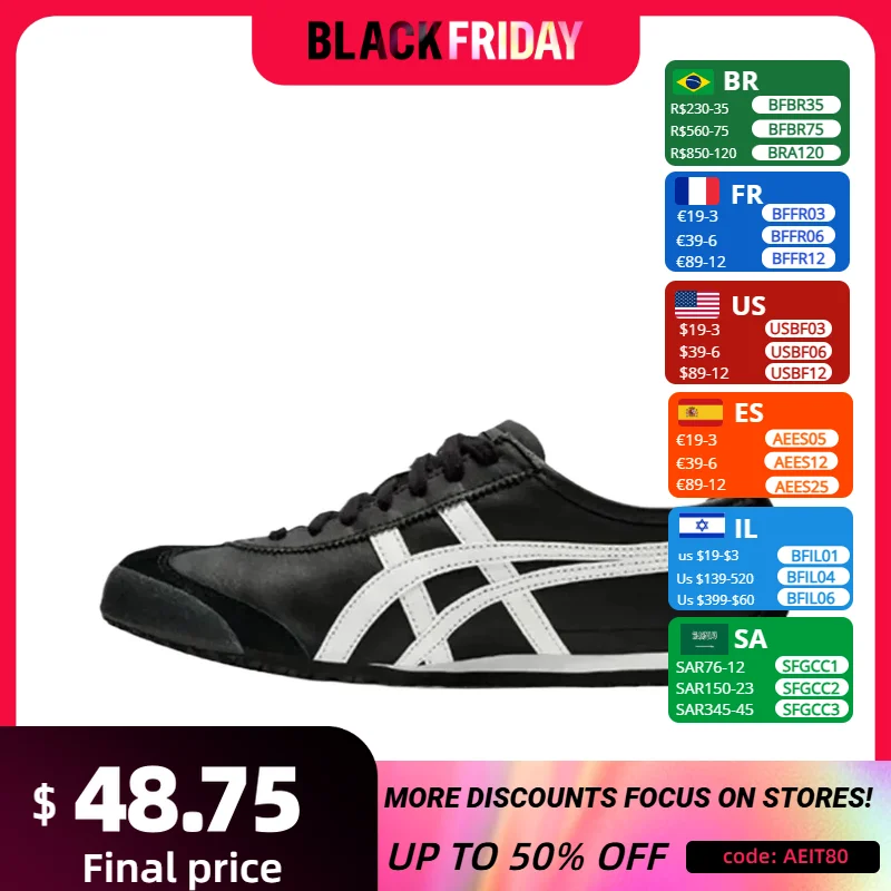 Asics Onitsuka Tiger MEXICO 66 Unisex Running Shoes Women Men Lightweight Sneaker White and Black