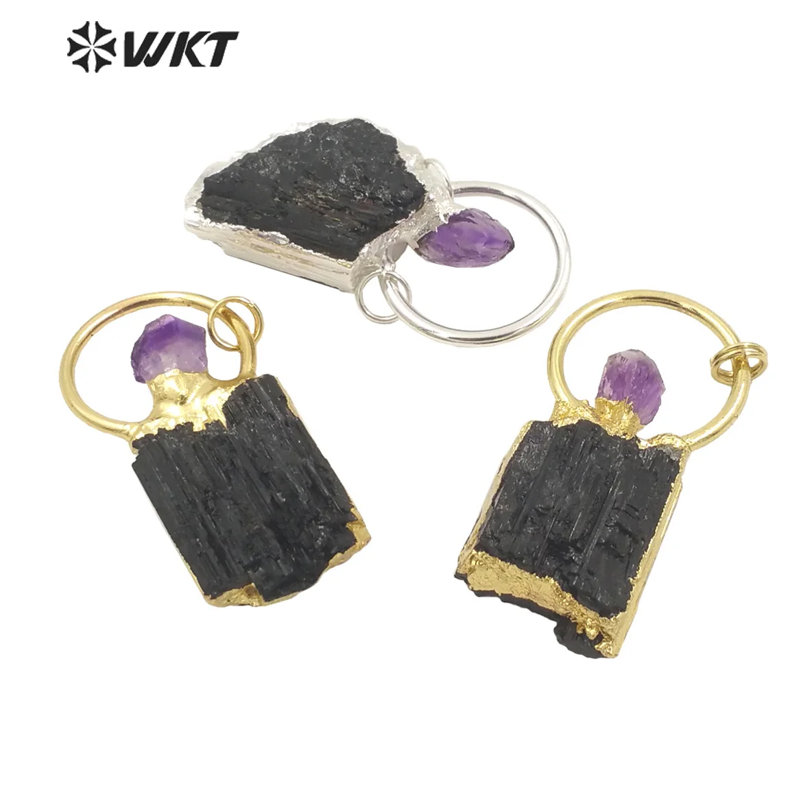 WT-P1960 Wholesale Fashion 18K Gold Plated Raw Stone Black Tourmaline With Amethyst charm Energy Jewelry Pendants 10PCS