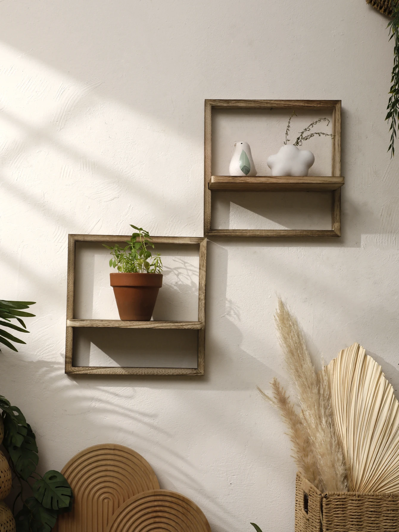 Wooden Display Shelf Floating Shelves Boho Rustic 25cm square Wall Storage Wood Shelves for Bedroom Kitchen Home Decorations