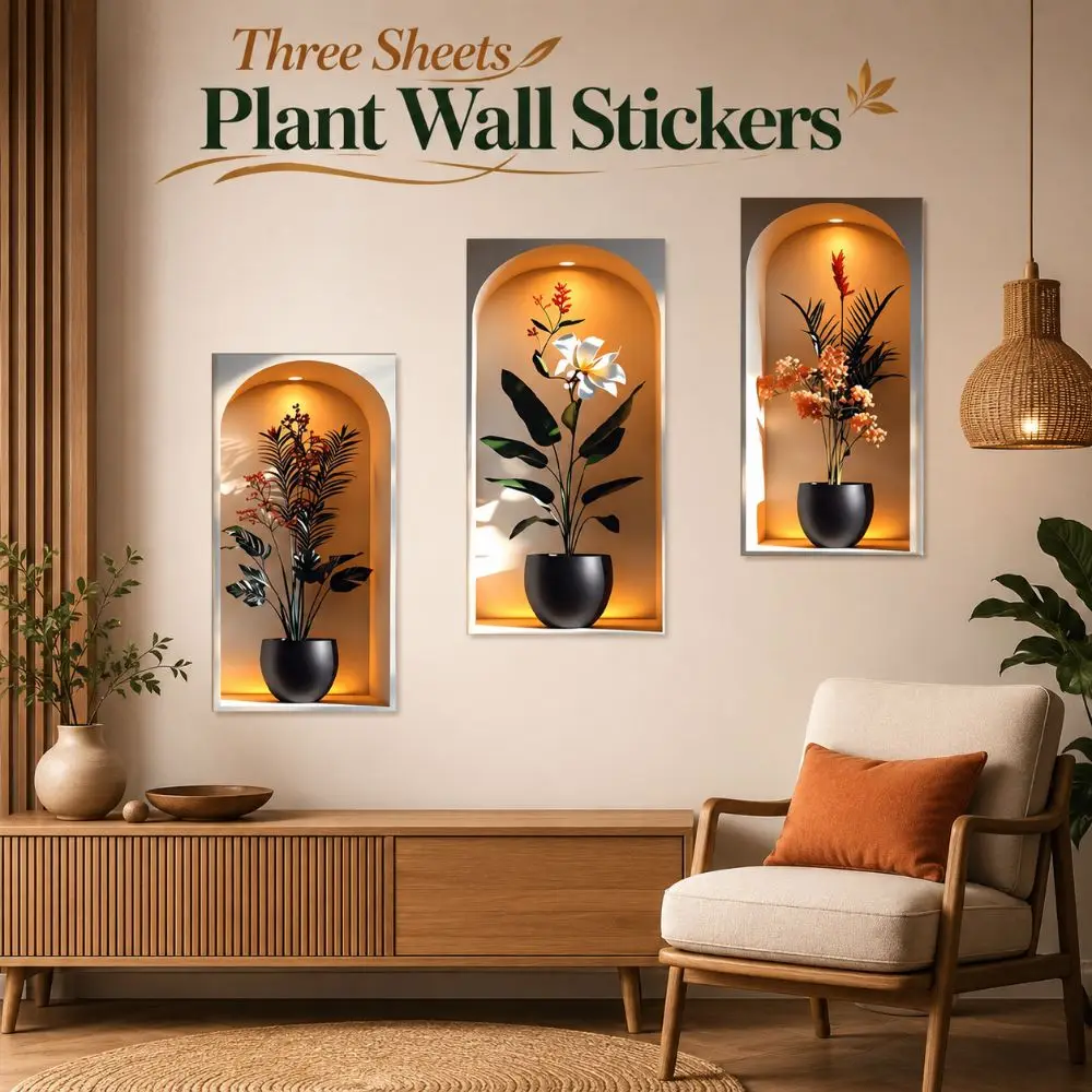 3 Sheets Realistic 3D Wall Stickers Elegant Plant Pattern Living Room Wallpaper Modern Minimalist PVC Staircase Wall Stickers