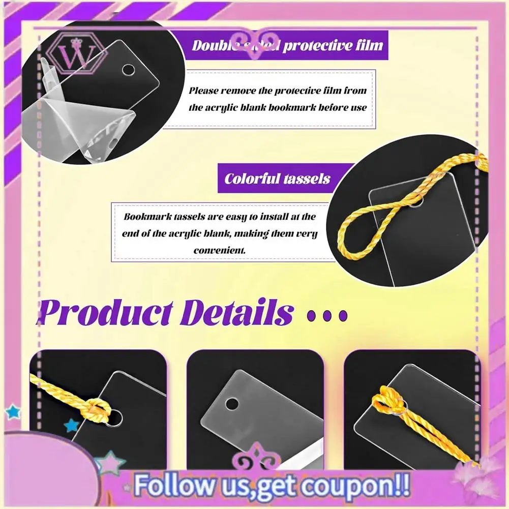 100 PCS Acrylic Blanks Bookmarks With 100 Pcs Colorful Bookmark Tassels, For DIY Craft Projects & Gift Tags