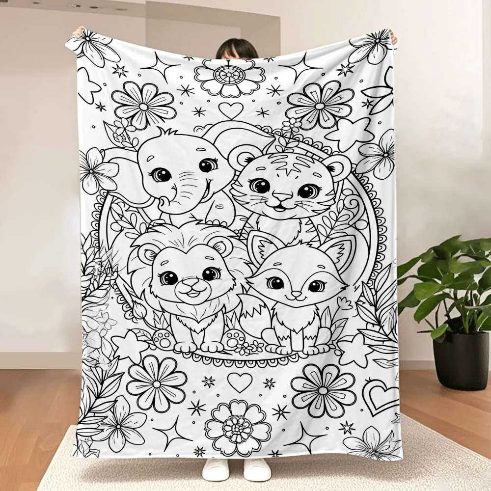 1PC Blanket with Cute Jungle Animal Prints and Your Own Doodle Colors. Great for Travel, Camping, Home Decor and Creative Relaxa
