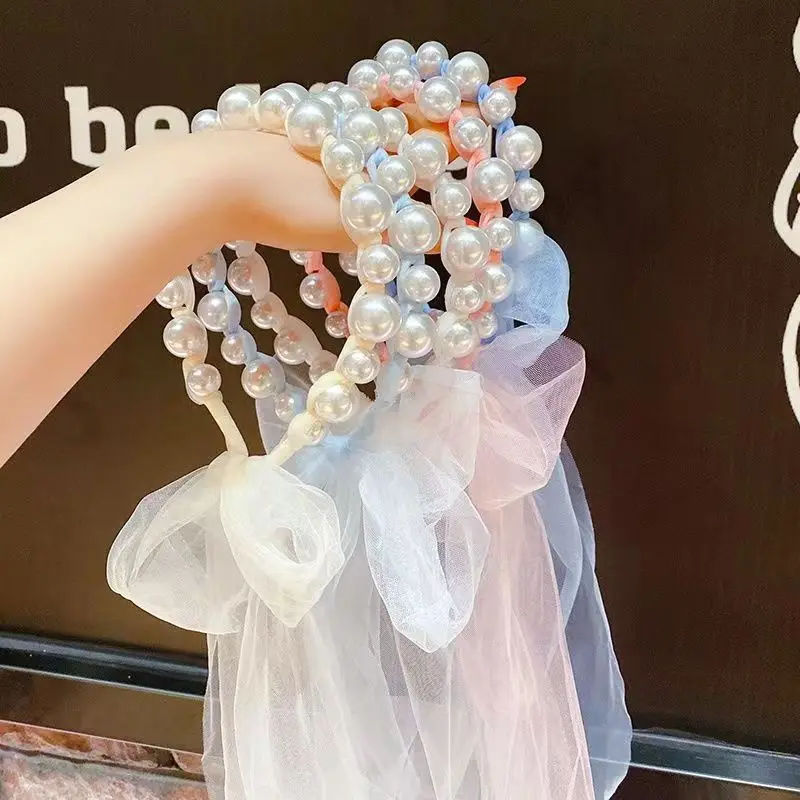 

Adorable Children's Pearl Ribbon Headband Handmade Tulle Bow Hair Accessory for Ponytails and Braids