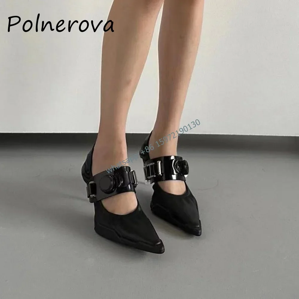 Strange Style Heels Solid Pumps Pointy Toe Buckle Strap Metal Decoration Shoes British Style Superlatives Sexy Stiletto Shoes