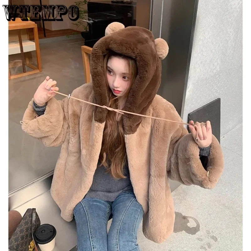 WTEMPO Korean style Women Cute Bear Fake Fur Imitation Rabbit Plush Fur Coat Autumn and Winter Hooded Thickened Zipper Jacket