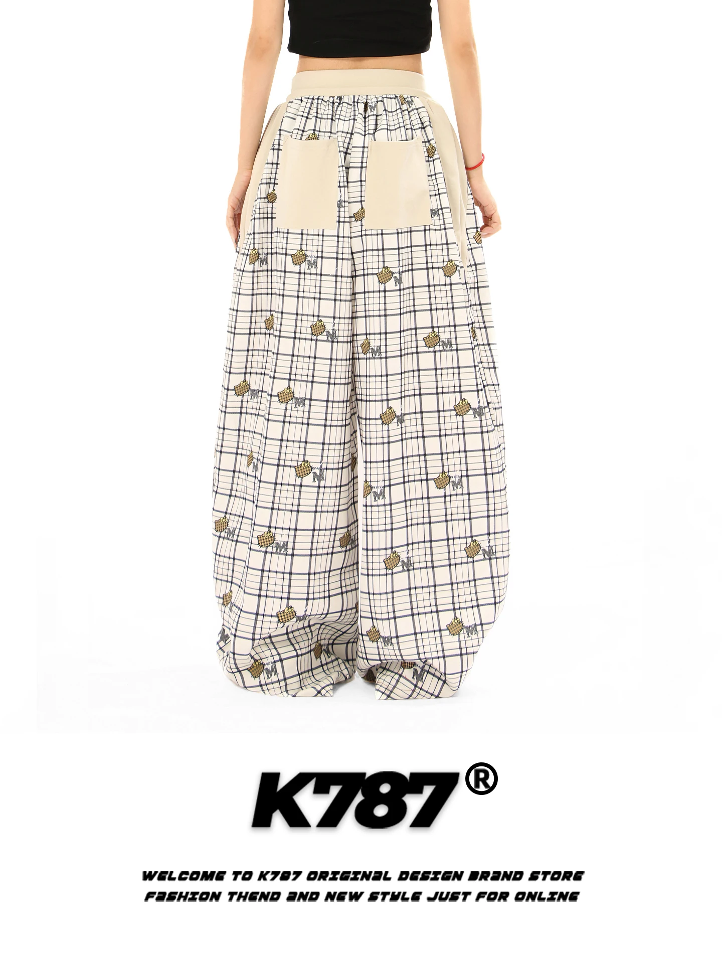 

K787 American Casual Striped KT Loose Women's Pants High Waist Wide Leg Straight Long Trousers Dstring Drapey Sle