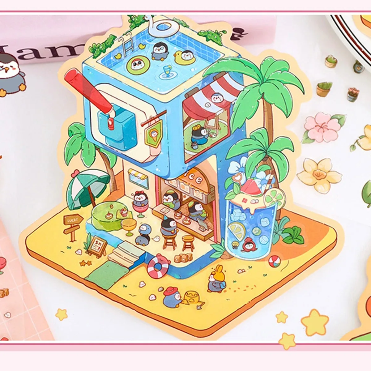 ملصقات كرتونية ثلاثية الأبعاد للمناظر الطبيعية المصغرة، ملصقات كراسي بصرية ثلاثية الأبعاد، ملصقات كاواي، قرطاسية لطيفة