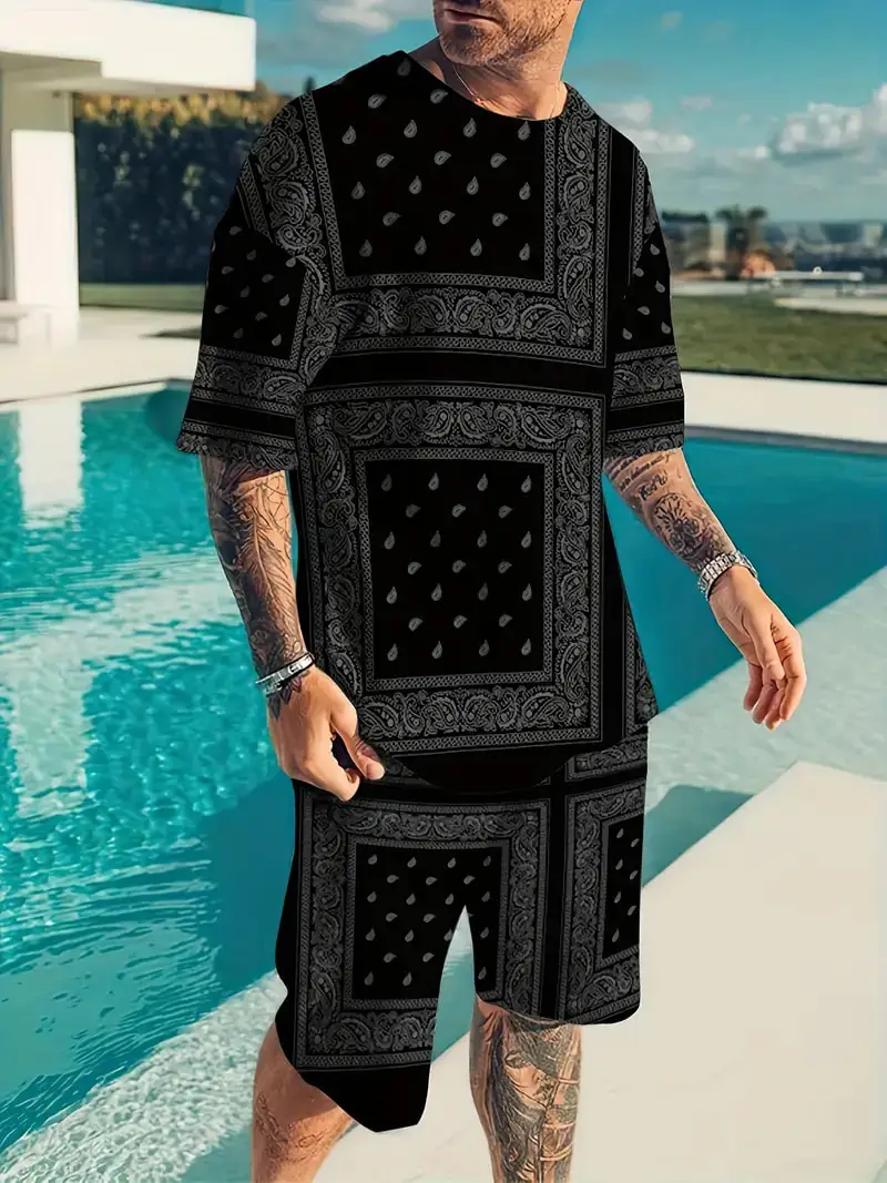 

Summer Street Men's 3D Bandana Printed T Shirt+Shorts 2PCS Outfits Casual Sport Suit Fashion Oversized Short Sleeve T-shirt Sets
