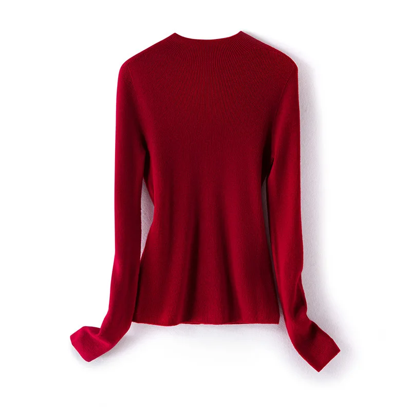 2024 Red Half High Neck Knitted For Women Autumn/winter 100% Wool Inner Slim Fit Bottom Seamless One Piece Sweater кофта женская