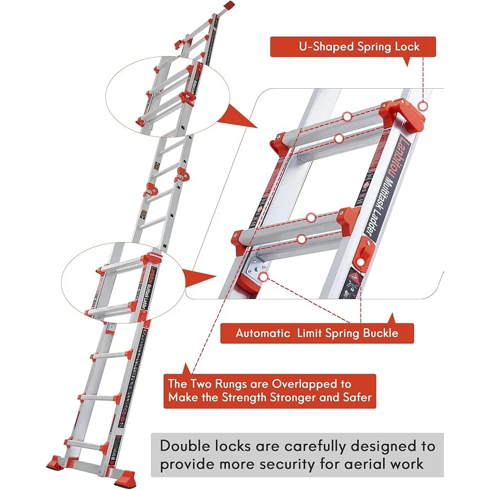 5 Step Multi Position Ladder Extension 17 Ft Anti-Slip A Frame Folding Ladder 330 lbs Capacity Lightweight Storage Ladder
