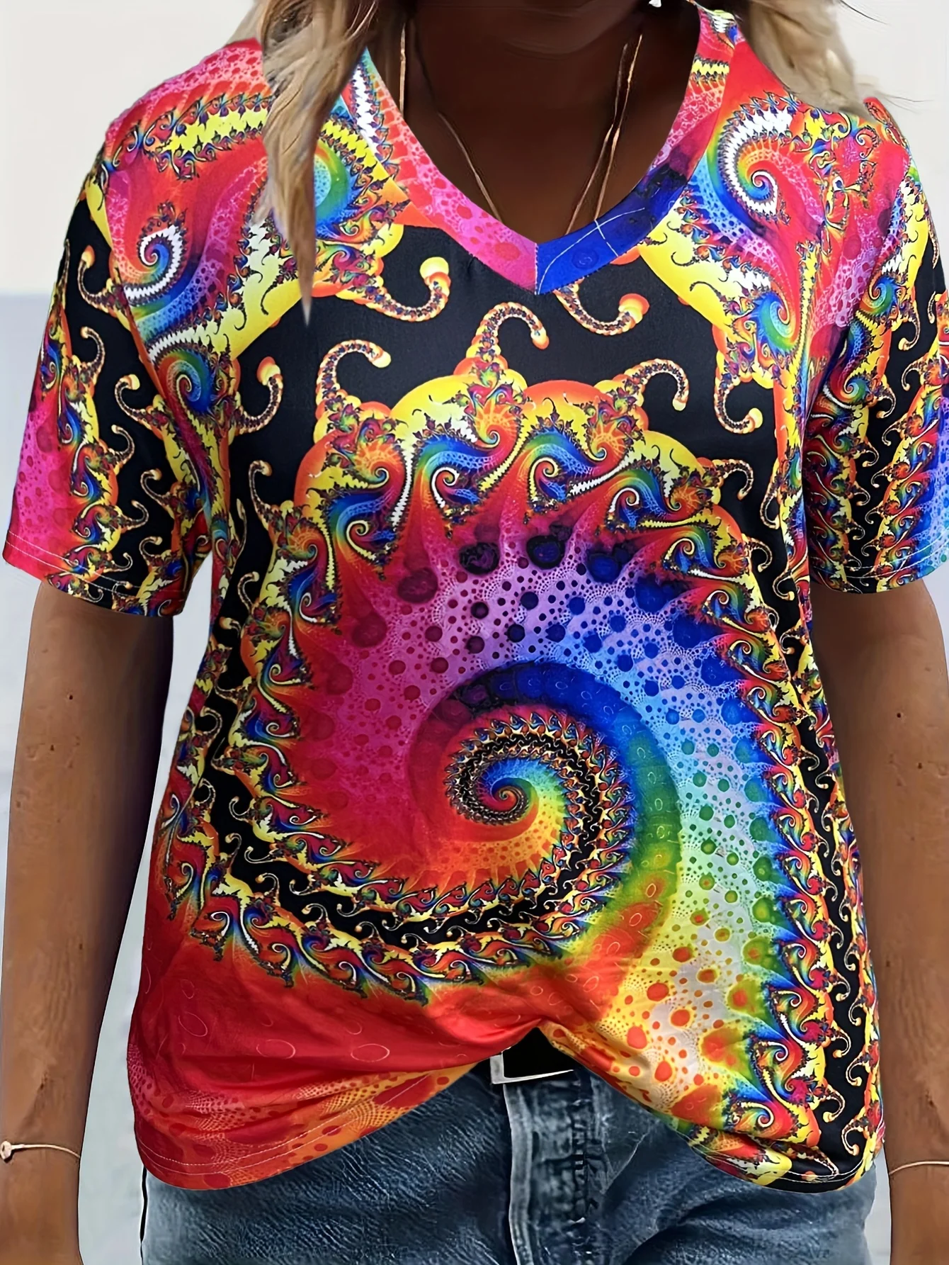 2026 Summer Fashion Rainbow Meteor T-shirt Shaped Adult 3D Retro T-shirt V-neck Children's Outdoor Vacation Beach T-shirt