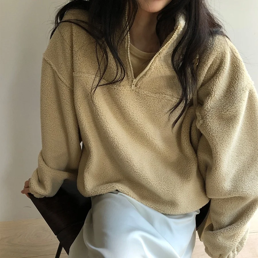 Chique herfst winter anti-aging retro klein ontwerp gevoel personali ritssluiting aan de voorkant kleine opstaande kraag fce hoodie damesstolsel...