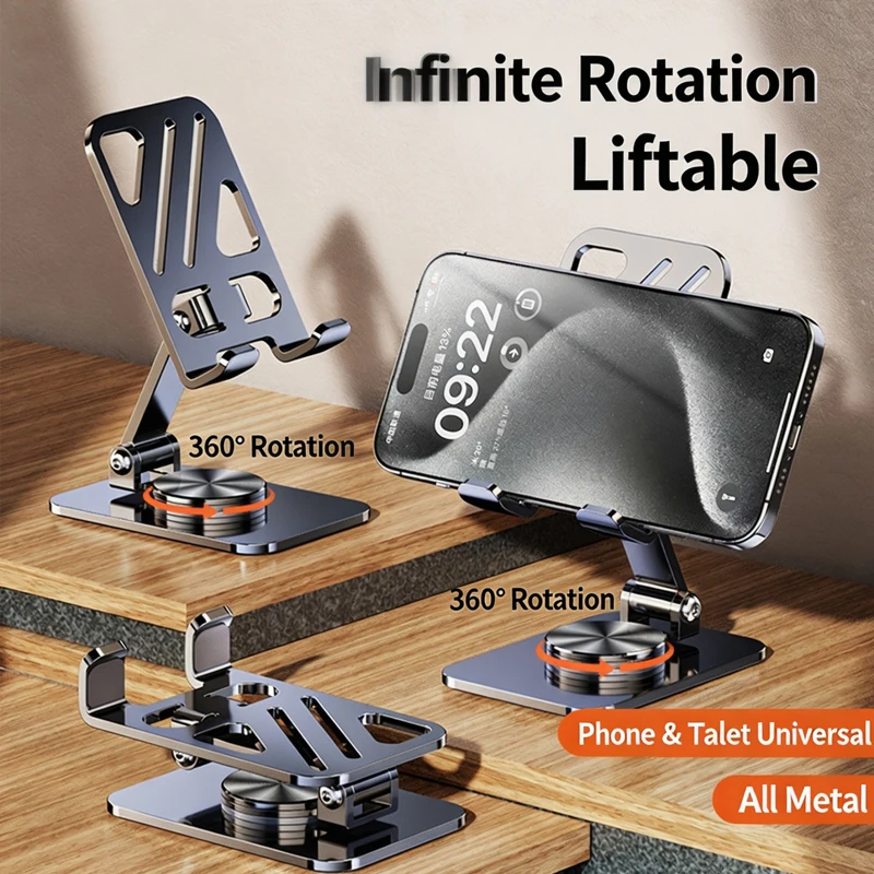 Universal 360° Rotatable Telescopic Metal Phone Stand Height Adjustable Foldable Desktop Tablet Holder for Live Stream Video