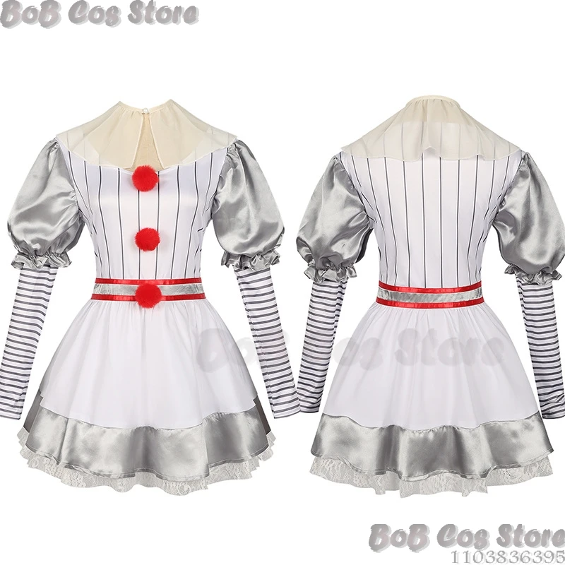 Déguisement de Clown Tueur Effrayant pour Femme, Robe Blanche, Tenue de Carnaval, Accessoire de ixd'Halloween