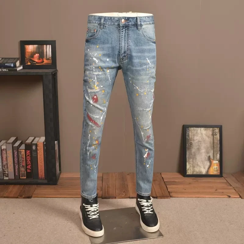High Street Fashion Men Jeans Retro Blue Elastic Stretch Skinny Fit Ripped Jeans Men Painted Designer Hip Hop Denim Pants Hombre