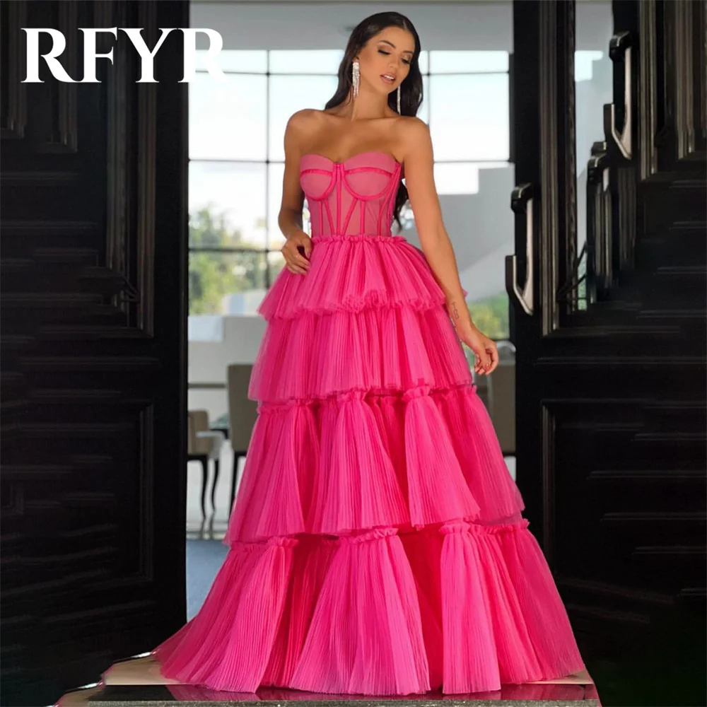 

RFYR Long Hot Pink Party Dresses Vintage Sweetheart Night Dresses A Line Tiered Layer Pleat Celebrity Dress vestidos de fiesta