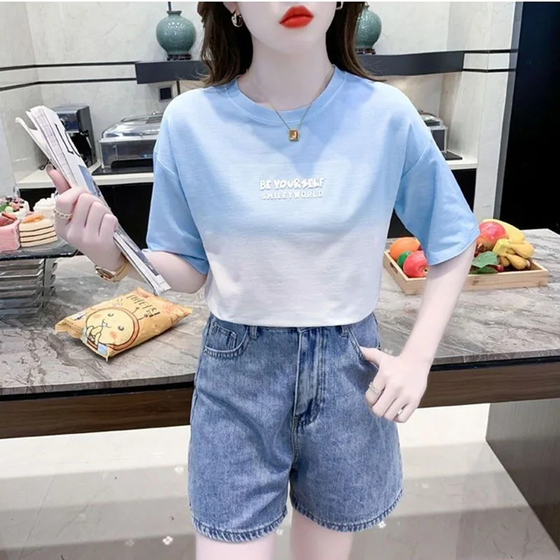 2024 Spring Summer New Tie-Dyed Letter Printed T-Shirt With Simple Short Sleeve Women's Fashion Joker Loose Slim Gradient Top