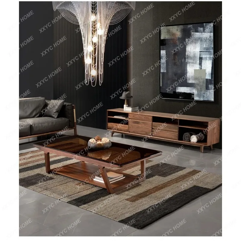 XX minimalist black walnut coffee table solid wood tempered glass, living room household log light luxury large apartm