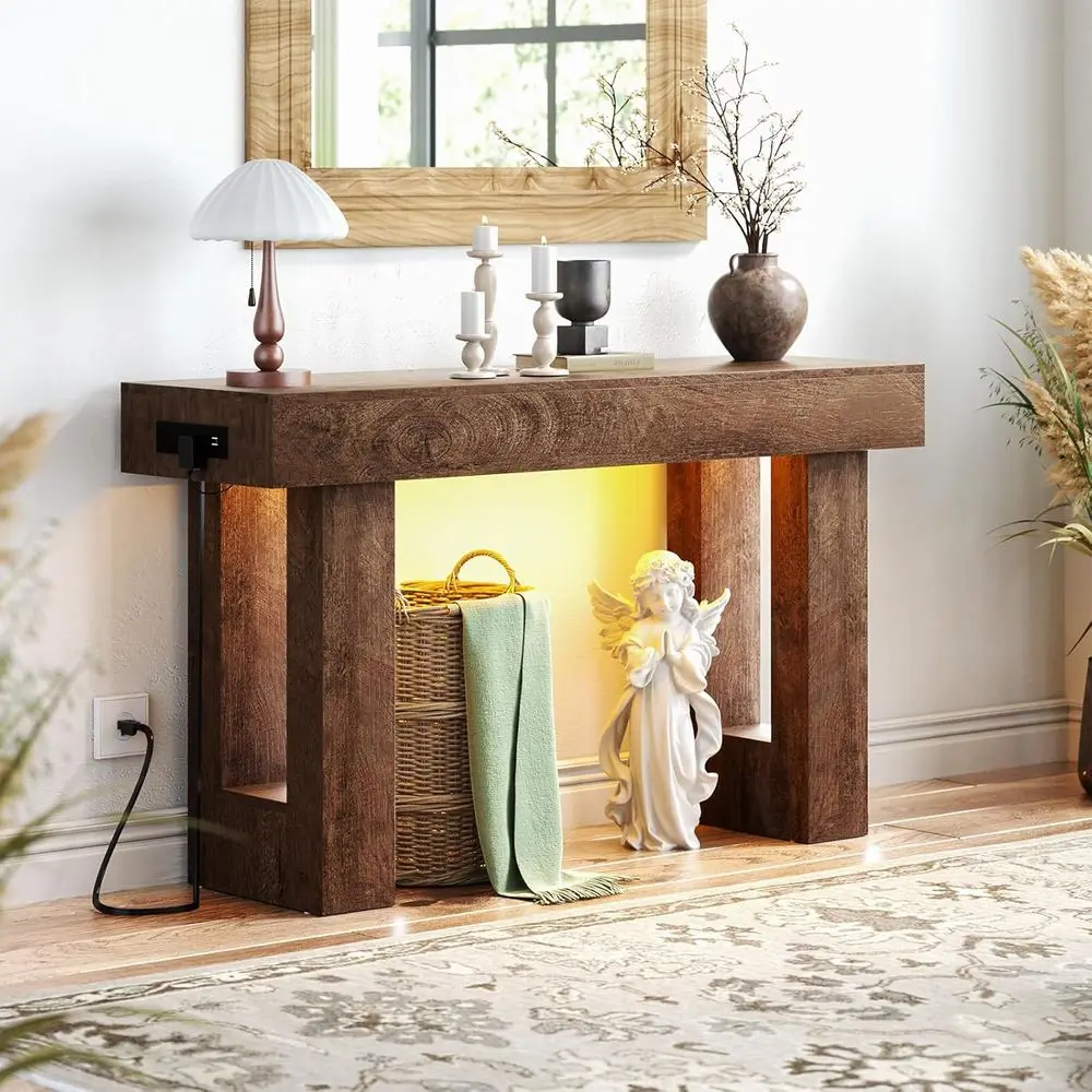 

Стол для прихожей 47 дюймов с розеткой и сенсорным светильником, узкий стол с местом для хранения за диваном, прихожие столики в стиле фермерского дома с открытыми секциями для хранения