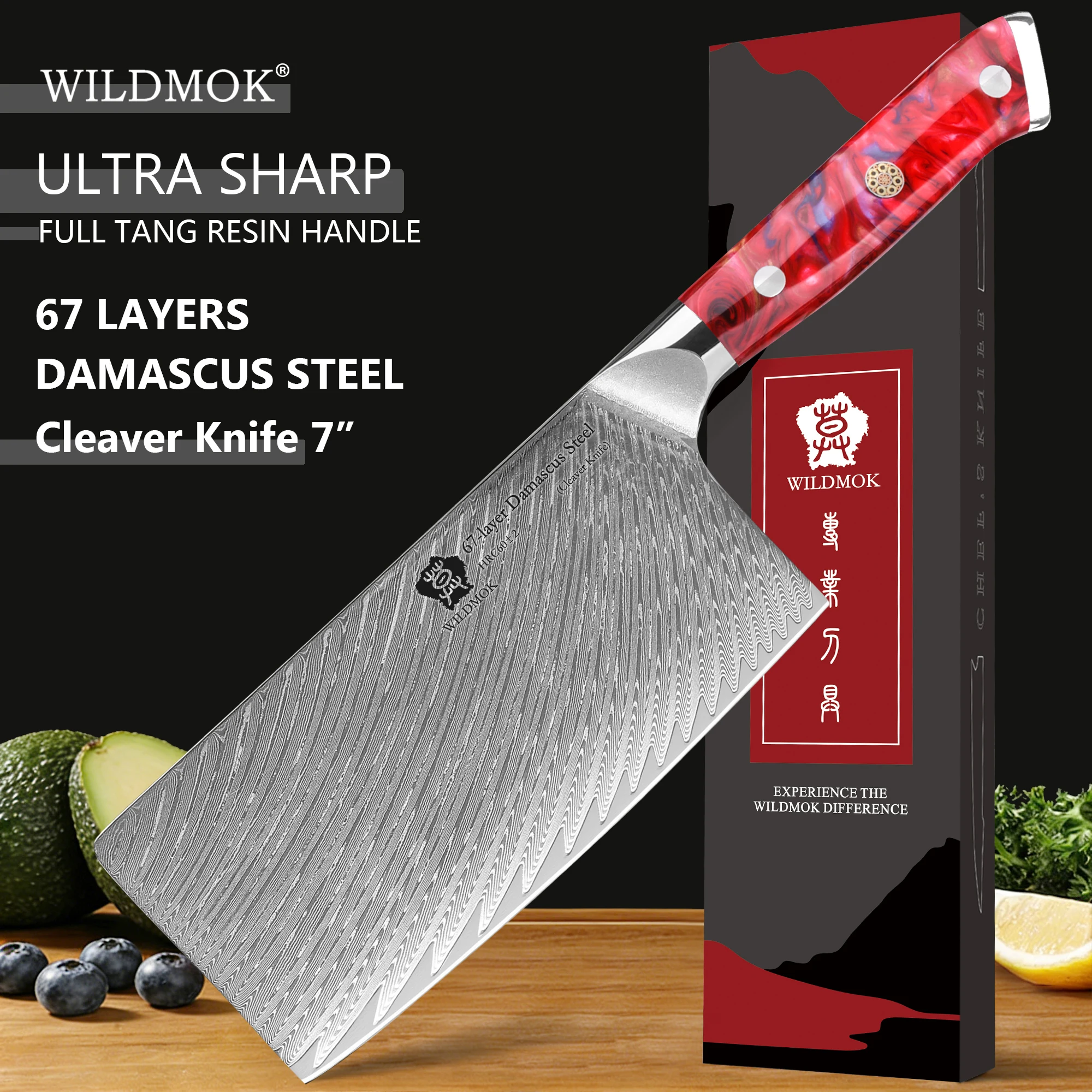 WILDMOK 7 Inch 67 Layer Damascus VG10 Steel Cleaver Knife, Red Resin Handle for Home Restaurant Meat Veggie Cutting
