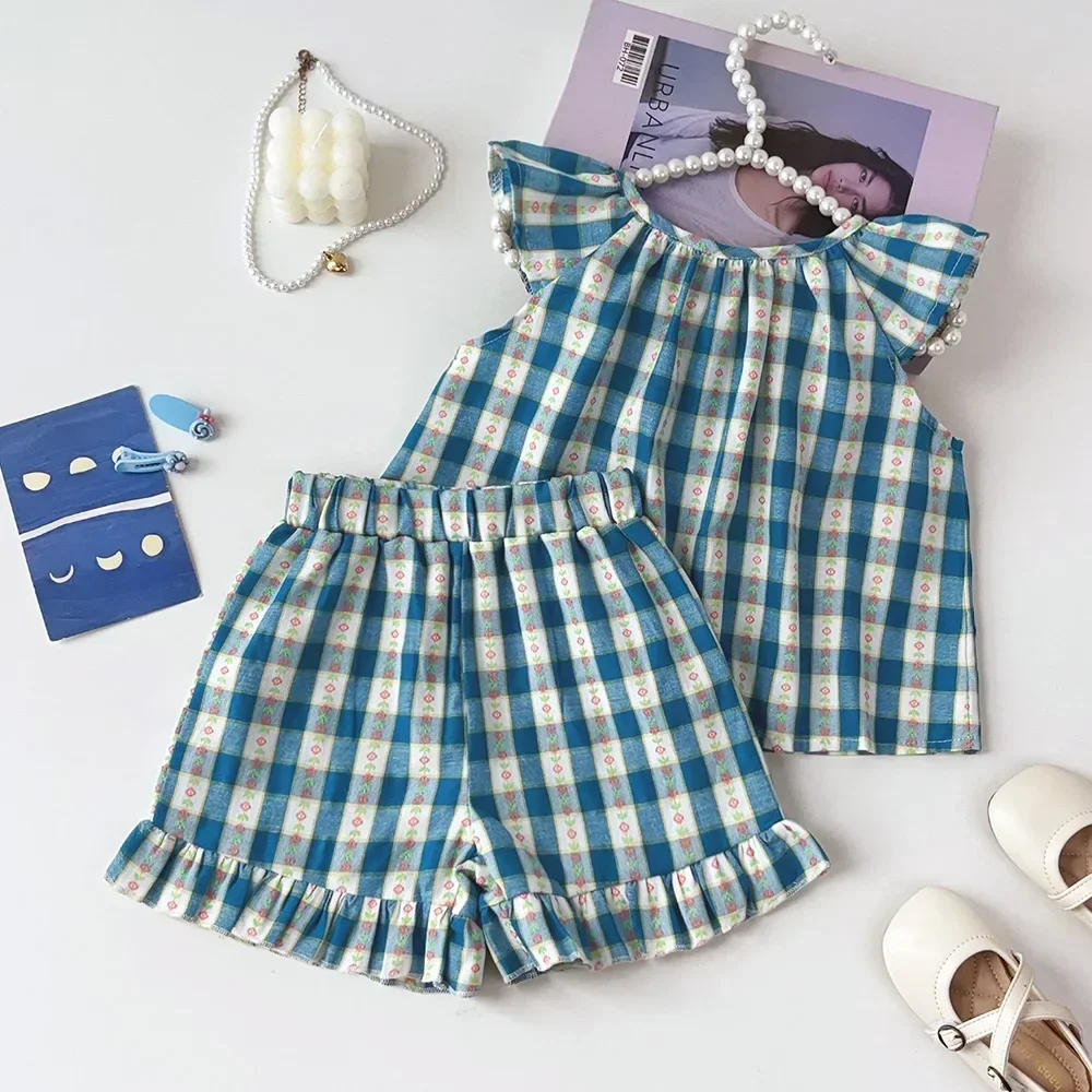 Mädchen Kleidung Sommer Rundhals Einreiher Gitter Fliegende Ärmel Top + Shorts Zwei-stück Set 1-5 Jahre alt Kinder Tragen – Detail 3