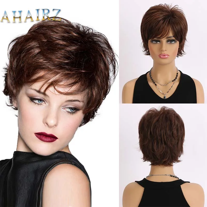 

Synthetic Fluffy Pixie Cut Hair Wig Short Brown Layered Wigs with Bangs for Women Daily Party Costume Heat Resistant