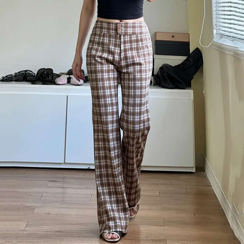 Women's Low Waist Plaid Flared Pants Vintage Y2K Streetwear Slim Fit Comfortable Versatile Casual Daily Trousers