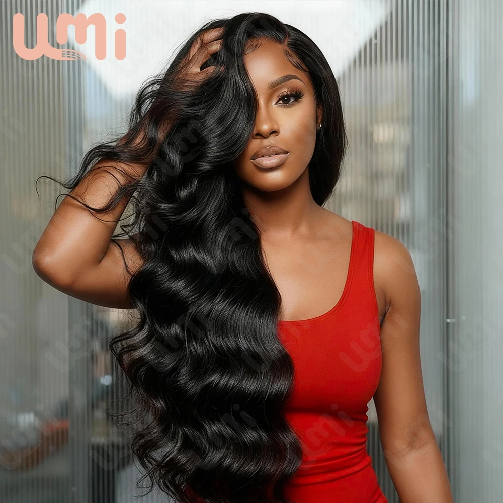 Umi sin pegamento 13x4 HD onda del cuerpo pelucas frontales de encaje transparente brasileño 300% densidad real 100% cabello humano 32 pulgadas color Natural