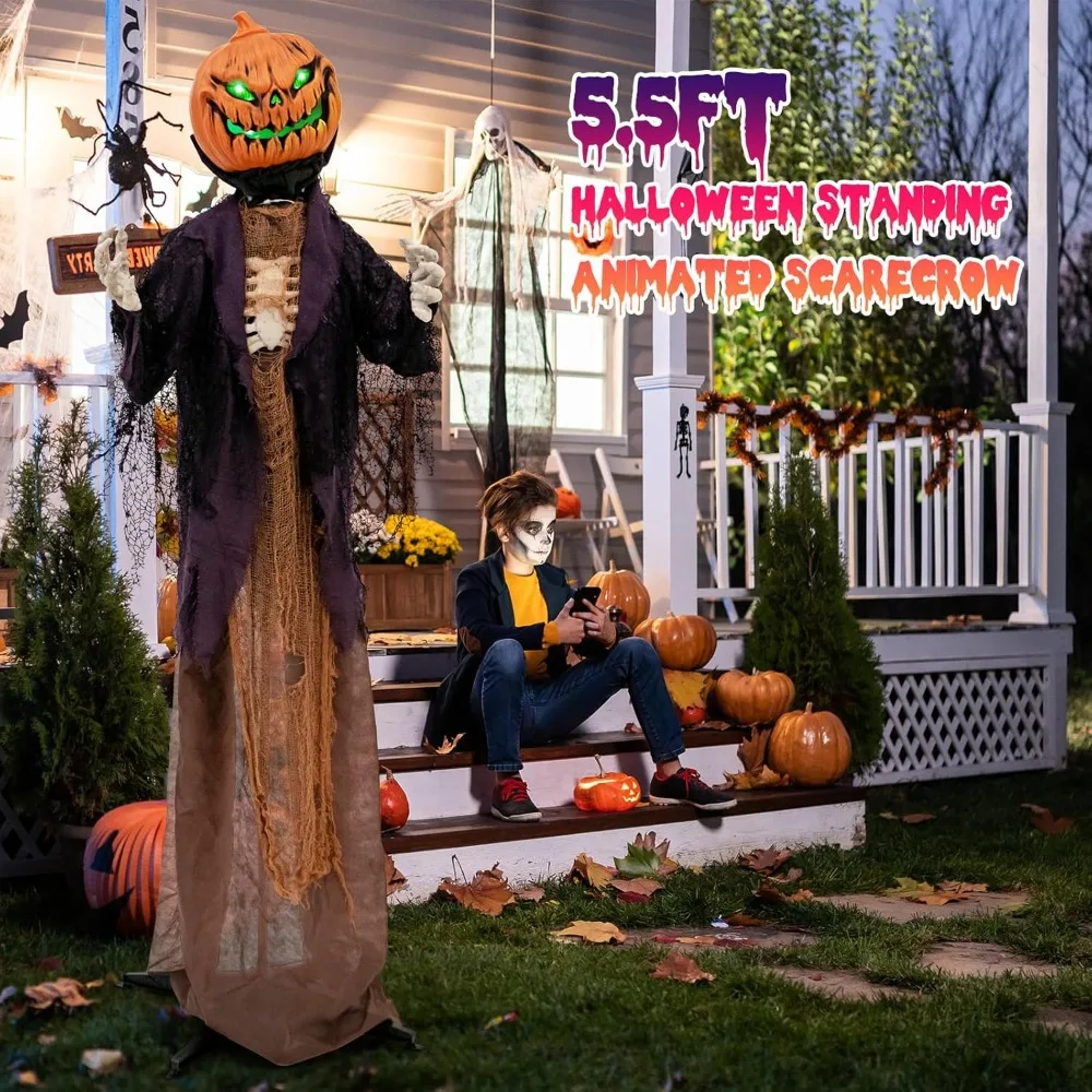 5.6 FT Halloween Animated Standing Pumpkin Scarecrow, Animatronic Halloween Decoration with Pre-Recorded Creepy Sound