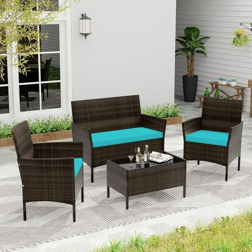 Turquoise 4-Piece Outdoor Patio Furniture Set with Loveseat, Wicker Chairs, and Tempered Glass Coffee Table