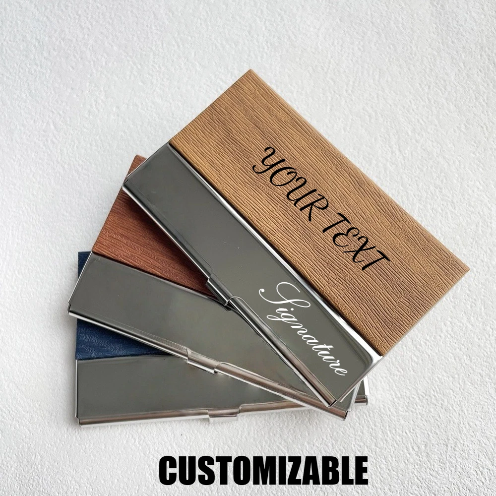 

Stainless Steel Business Card Case Custom LOGO TEXT Laser Engrave Personalized Name Card Box with Leather Veneers Men Women