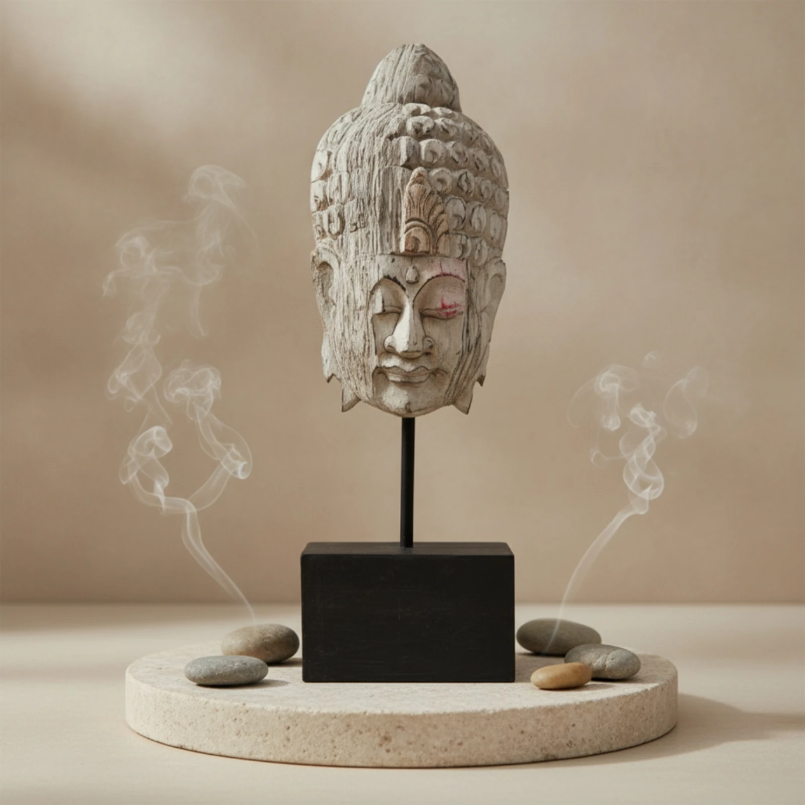 Buddha Head Ornament Black Stand Decorative Buddha Head Spiritual Decoration Rectangular Base