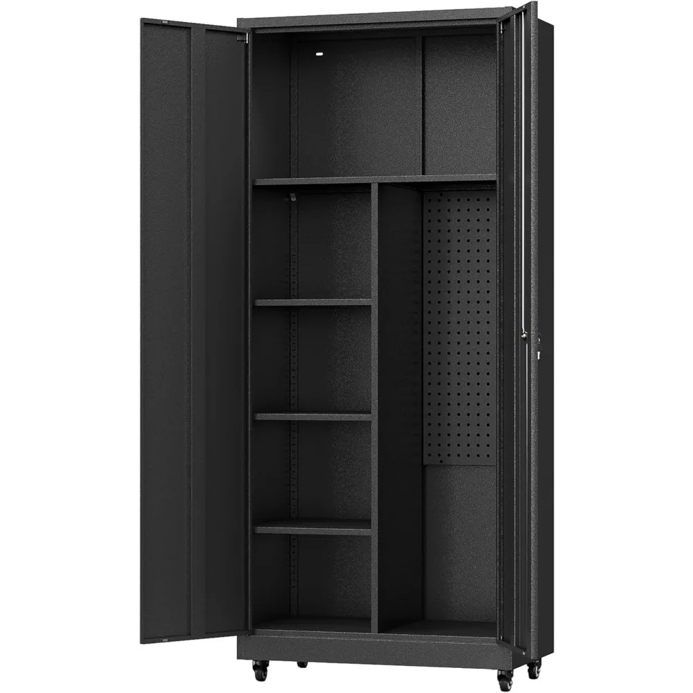 خزانة تخزين جراج معدنية بعجلات وأبواب قفل وأرفف قابلة للتعديل - خزانة سوداء طويلة للمكتب والمنزل والمرآب والش
