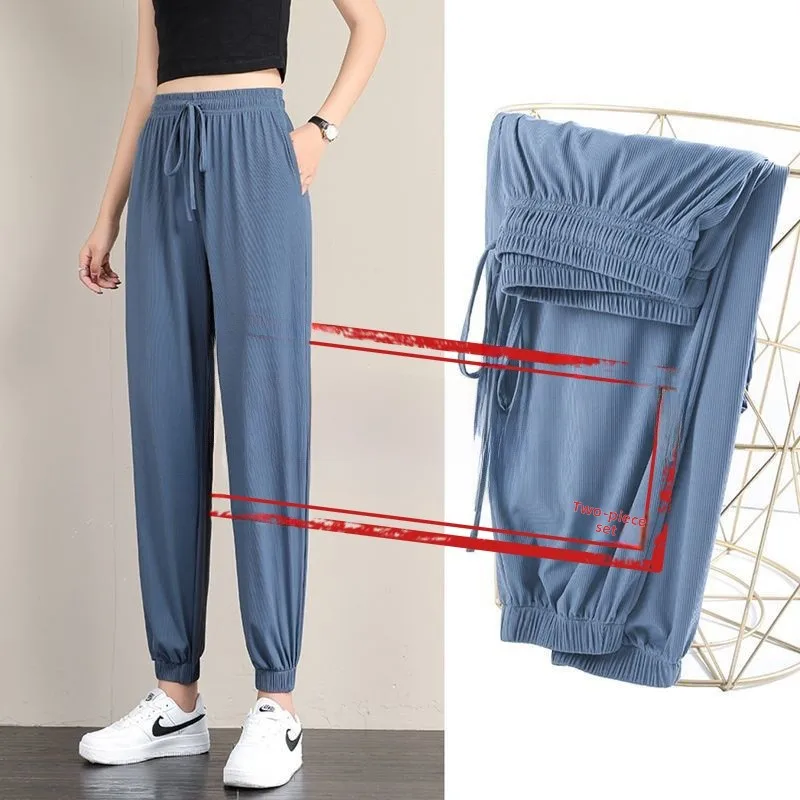 

Женские летние тонкие спортивные брюки свободного кроя из ледяного шелка, укороченные, повседневные, больших размеров, с эффектом похудения, фасон «фонарики»