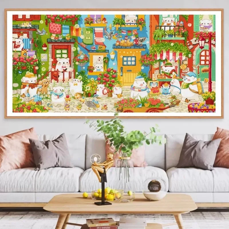 Spring Cross Stitch Kit Printed 11CT Fabric Cartoon Pattern Little White Bear Fairytale Town DIY Embroidery Complete Kit For Kid