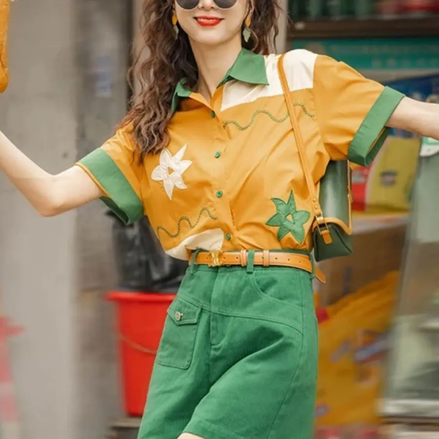 Women Seits Vintage Contrasting Colors  Mori Girl Office Lady Short Urn-Down Collar T-Shirt Short Pants 2 Piece Set Small Fresh