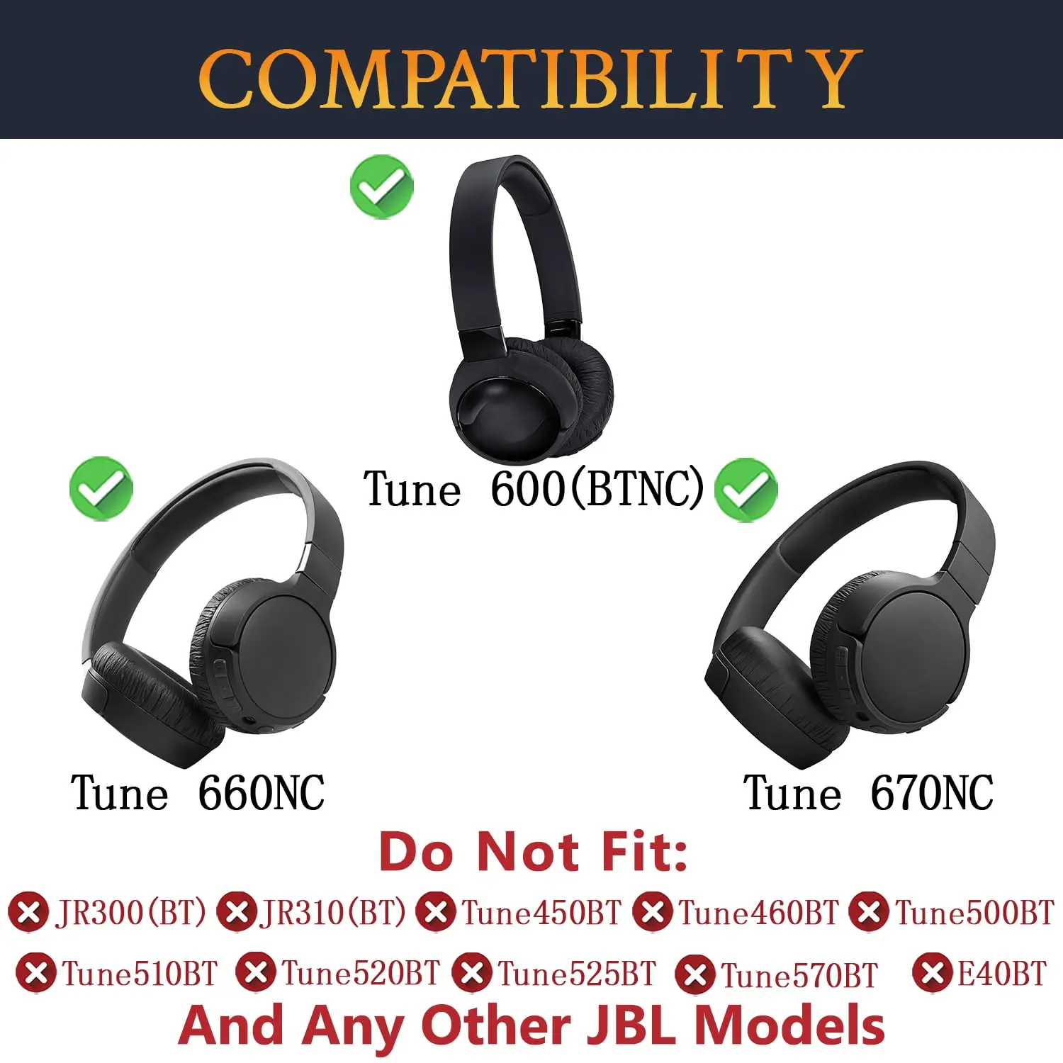 Wymienne poduszki nauszne do JBL Tune 600BTNC/660NC/T600BT/670NC, oddychająca tkanina lodowego jedwabiu, pianka zapamiętująca dźwięk — zdjęcie produktu 2