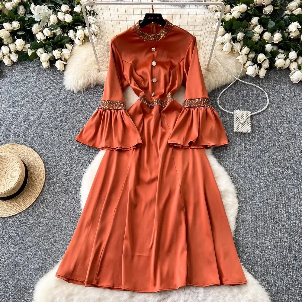 Elegant Long Flare Sleeve Vintage Stand Collar Chic Sequins Slim Satin Dresses Evening High Street Plus Size Ceremonial Clothing