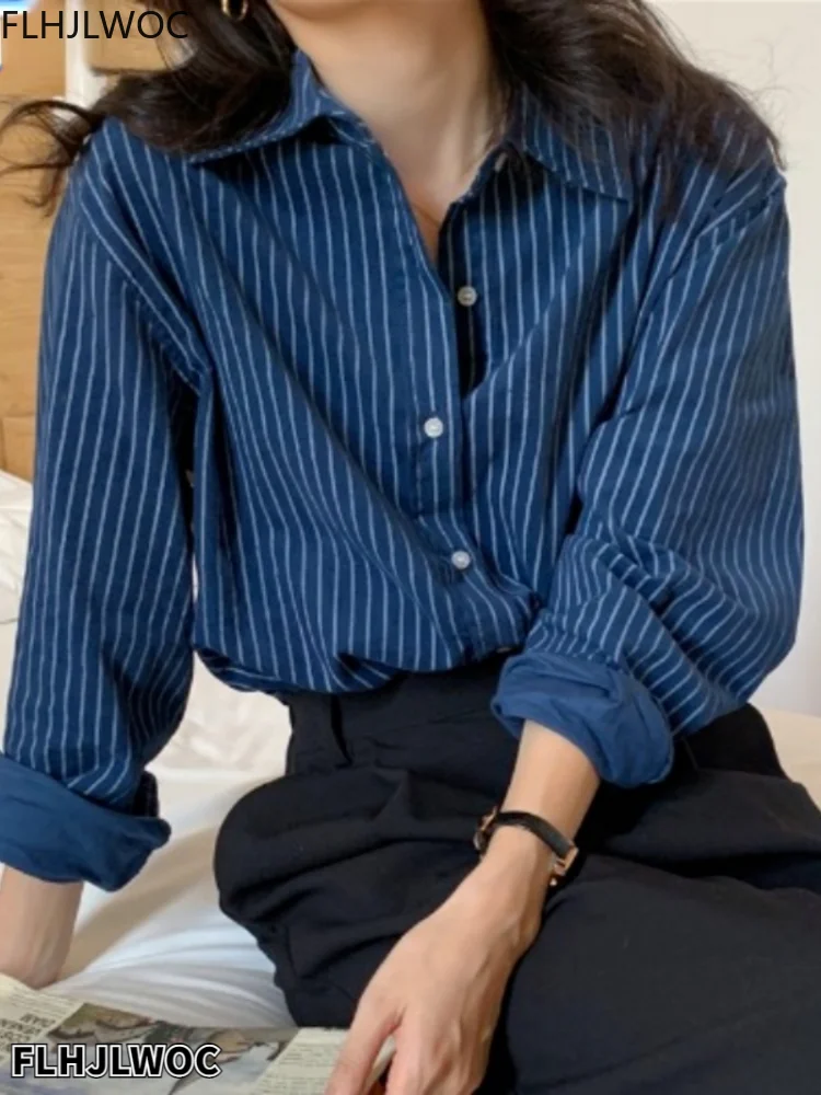 Loose Lazy Minimalist Style Stripe Corduroy Tops 2022 Cute Japan Girls Chic Korea Design Fashion Striped Boyfriend Button Shirts